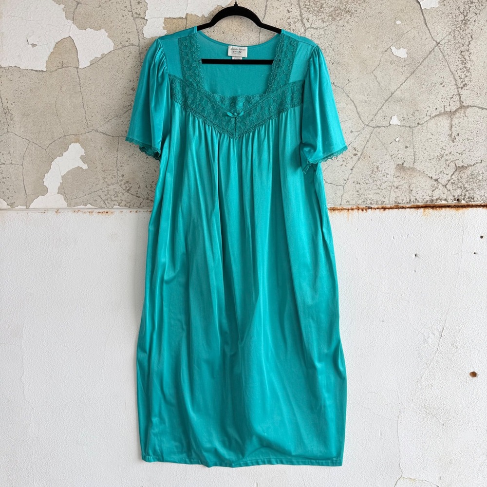 Vtg Nightgown‎ Teal Nylon Lace Empire Waist Amanda Stewart Nightie L Romantic